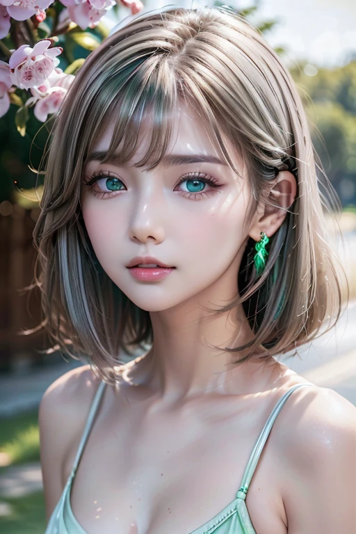 8k、ultra high resolution、realistic、Raw photo, highest quality, masterpiece:1.2、(realistic, photo-realistic:1.37),high contrast, table top, Pull the camera、half body image、elevation angle、Looking at the camera、 very beautiful and nice、18 year old model girl alone、eye-catching beauty、Beauty that draws you in、shiny shiny white shiny skin、realistic skin texture:1.2、 best looks、 Silver gray hair with dazzling highlights、shiny bright hair, thin hair、shiny shiny hair、Hair on one eye、Put out one ear、delicate hair、platinum short bob hair、 Crystal clear and charming blue eyes、The light rays enter the eyes、double eyelid、detailed and beautiful eyes, beautifully detailed nose, natural makeup、small face、with a little smile、 ample breasts、firm bust、healthy clavicle、half up bra、((( outdoor、I can see green in the distance、Depth of the bounds written:1.5、Blurred:1.2 )))、