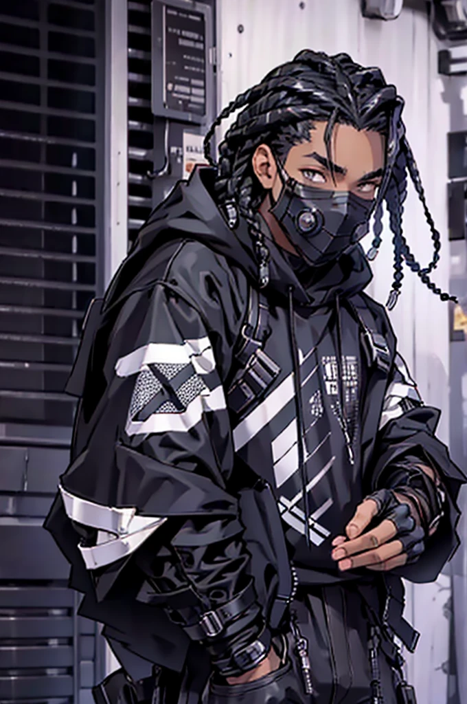Dark skin male, hair styled in box braids, sleevless black and grey hoodie, street tech sweapants, fingerless gloves, silver eyes, close up on face, handsome, shadow powers, no face mask