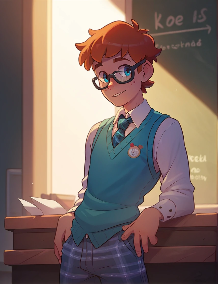 (cartoon), 1man, ((solo)), a cute brown-haired man, black glasses, in front of a chalkboard, no facial hair, skinny body type, friendly, freckles, teacher, sweater vest, tie, plaid pants