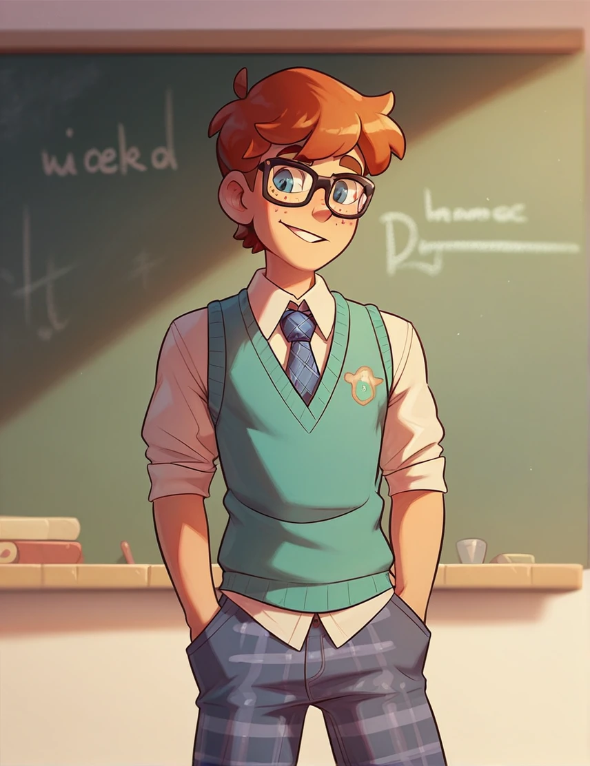 (cartoon), 1man, ((solo)), a nerdy brown-haired man, messy hair, bulge in pants, black glasses, in front of a chalkboard, no facial hair, skinny body type, friendly, freckles, teacher, sweater vest, tie, plaid pants