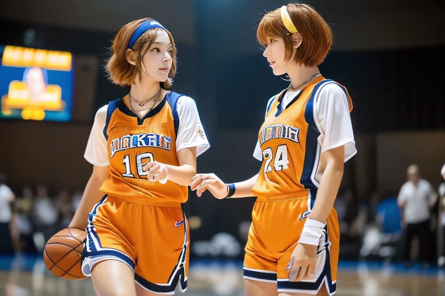(During a basketball game in the gym:1.5)、(A beautiful profile without looking at the camera:1.5)、(18-year-old women competing for a ball:1.5)、(The best quality at its best:1.4), (Super detailed), (Very detailed CG unified 16k), Beautiful woman with perfect figure: 1.4, Sharp focus: 1.2, Very detailed, High-quality RAW color photos, Professional photography, Great face and eyes, cosmetics, (Amazingly beautiful girl), ((Basketball uniform:1.5)), Realistic movie faces, Full body long view from head to toe, Realistic, ((Realistic natural orange red hairstyle)), ( Short Bob Hair:1.5), (necklace:1.5)、, Very beautiful face, Perfect model beauty, Mouth swelling, Highly detailed face and skin texture, Fine grain, double eyelid, Medium chest, (masterpiece), Highest quality, High resolution, Very detailed, Blurred Background, Depth of written boundary, Cinema Lighting, Great legs, , Clear, well-maintained skin,((Full body shot from head to toe:1.5))