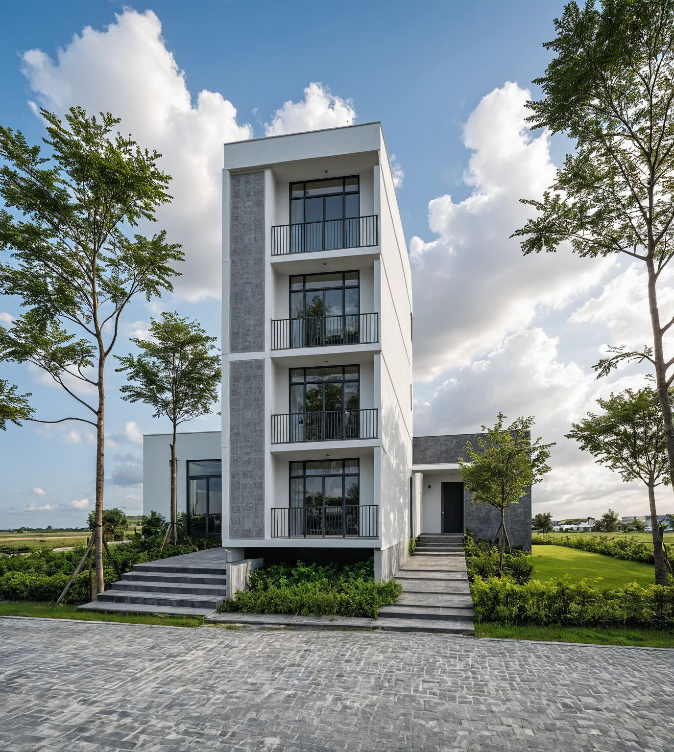 Raw photo, Masterpiece, high quality, best quality, authentic, super detail, outdoors, onestoreyvillaXL, aiaigroup, house style modern on the street ,stairs, white wall ,road,pavement, grass, trees, sky, cloud, (daylight:1.1)