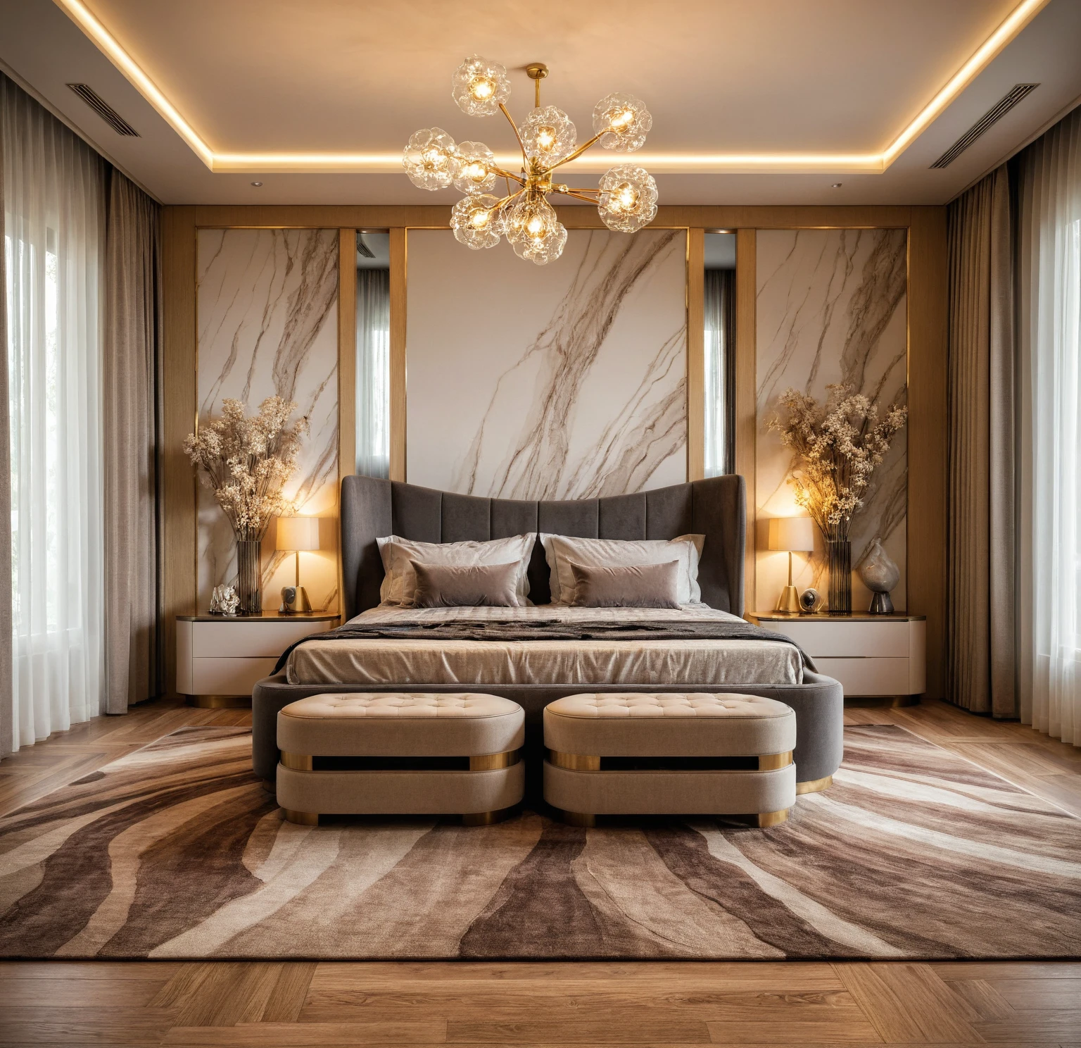 Raw photo,Masterpiece, high quality, best quality, authentic, super detail, interior, indoors, bedroom style modern luxury , sunset, day light, bed, lamp, carpet, bedside cabinets, flower vase, wooden floor, armchair, curtain, glass door wardrobe, Chandeliers, led,
