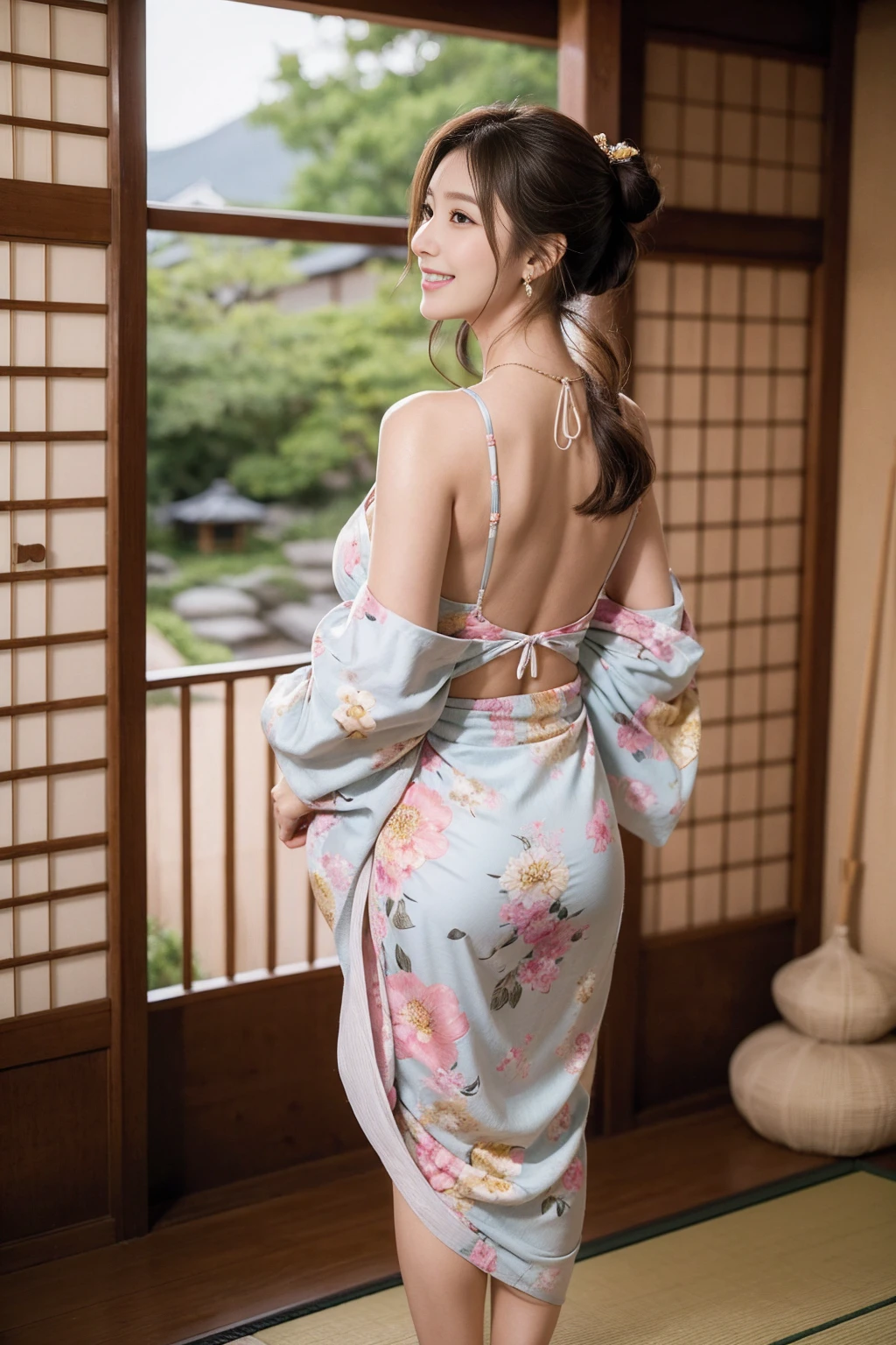 Highest quality,8K, Detailed facial depiction, Detailed description of the eyes,One Woman, Light brown hair(Medium-long hair),Hair tied up,Beautiful Japanese Girl,24-years-old,Cute eyes,Cute Smile,Yukata beauty,Golden floral yukata,In underwear,String panties,Slender body, Large, plump breast size, Long and beautiful legs,Smiling, Colorful earrings,necklace,Are standing,Beautiful nape,Japan tatami room,Feminine gestures,Dry landscape garden,wind chimes,Beautiful back view,Her yukata is open, revealing her beautiful shoulders.