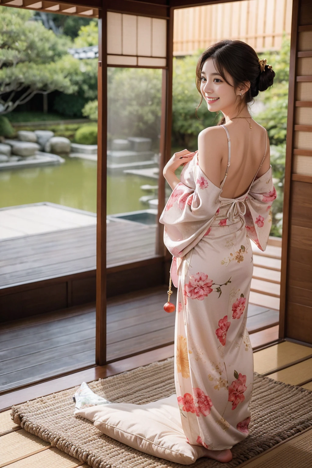 Highest quality,8K, Detailed facial depiction, Detailed description of the eyes,One Woman, Light brown hair(Medium-long hair),Hair tied up,Beautiful Japanese Girl,24-years-old,Cute eyes,Cute Smile,Yukata beauty,Golden floral yukata,In underwear,String panties,Slender body, Large, plump breast size, Long and beautiful legs,Smiling, Colorful earrings,necklace,Are standing,Beautiful nape,Japan tatami room,Feminine gestures,Dry landscape garden,wind chimes,Beautiful back view,Her yukata is open, revealing her beautiful shoulders.