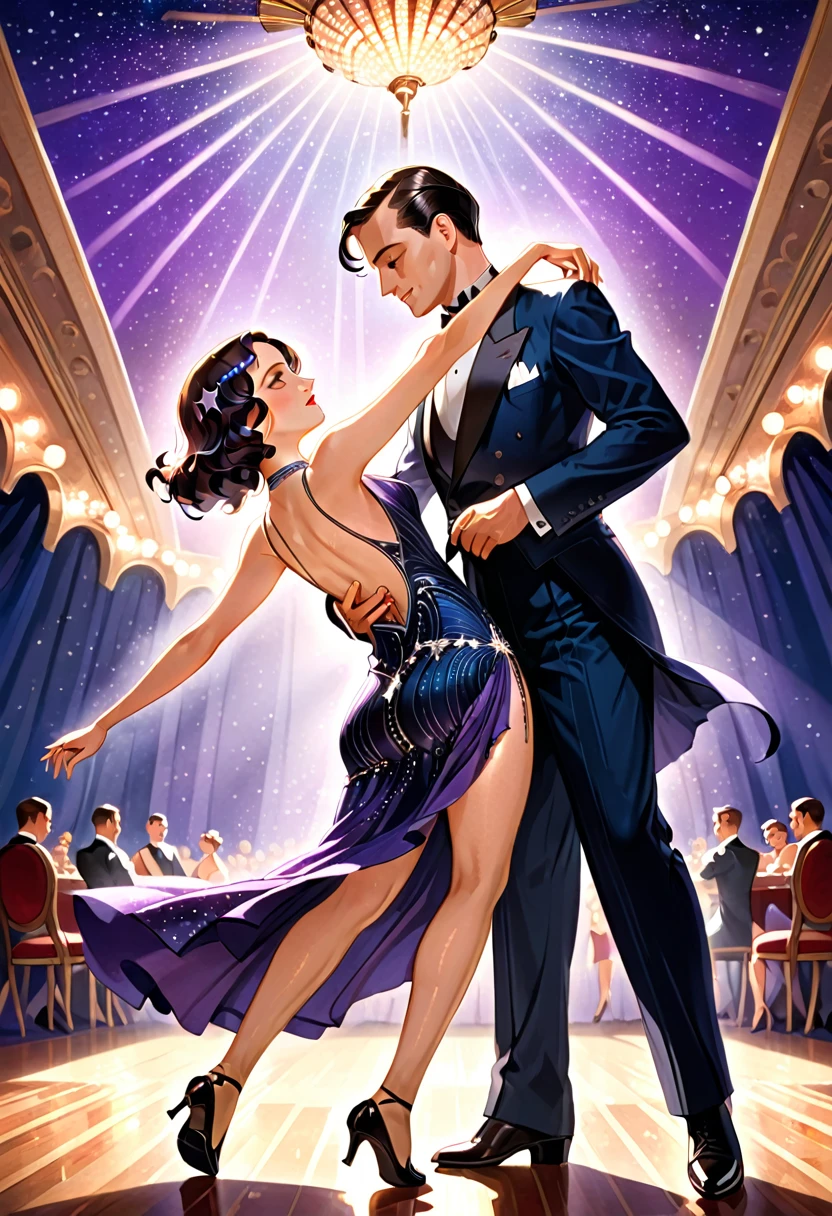 (best quality,8k,masterpiece:1.2),ultra-detailed,(realistic,photorealistic,photo-realistic:1.37),digital art, concept art, cinematic lighting, a man and woman dancing tango, art deco ballroom, 1920s, man facing forward, woman facing away from viewer, dancing the tango, woman is wearing a purple long dress with slit, small stars are shining in the dark blue sky, dimly lit room, and shadows are cast on the eye sockets, making it impossible to read their expressions, detailed facial features, beautiful dress, formal attire, natural lighting, warm color palette,