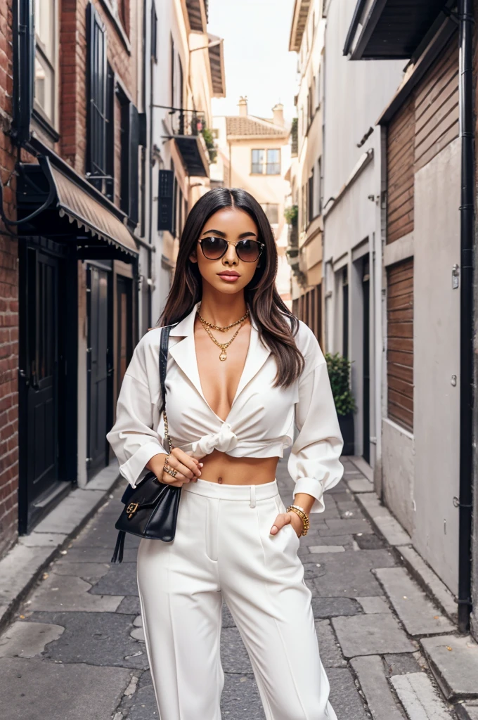 A virtual female influencer posing confidently in a chic, trendy outfit. She is standing in a fashionable urban setting, with stylish accessories like a handbag and sunglasses. The background is a lively city street or a picturesque alleyway.