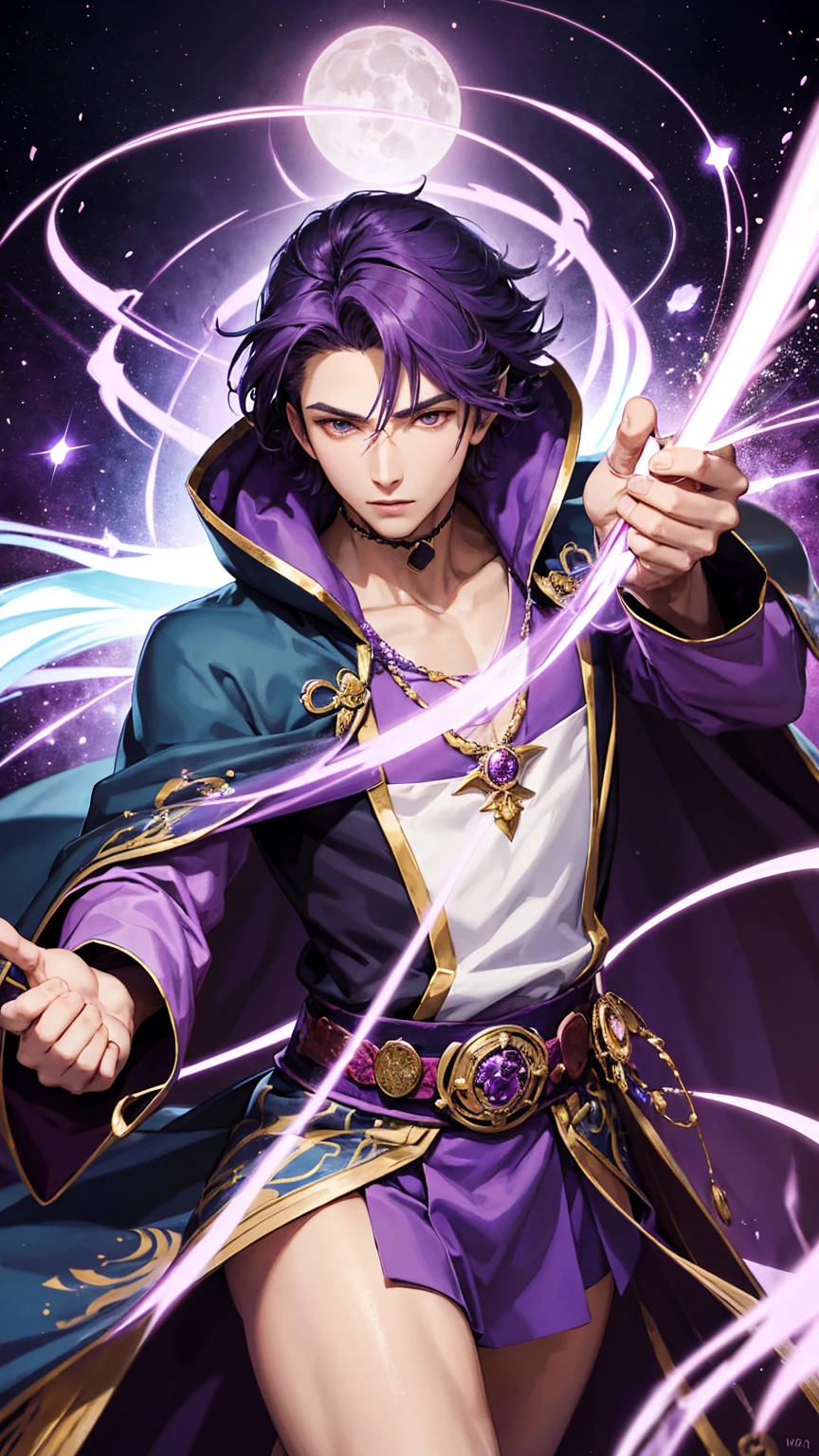 Anime-style image of a man wearing a purple cloak and cape, beautiful天界の魔術師, Kashmir Art, Wearing a wizard's robe full of stars, Skinny man fantasy, beautiful, Young Wizard, Thin male magician, Male Wizard, Thin young male alchemist, Purple Hair,kind,beauty,