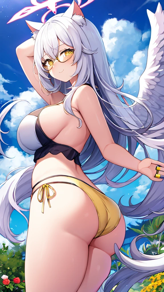 A 20-year-old female angel with long, white hair, yellow eyes, white cat ears, and large white angel wings. yellow halo ring round white glasses white panties