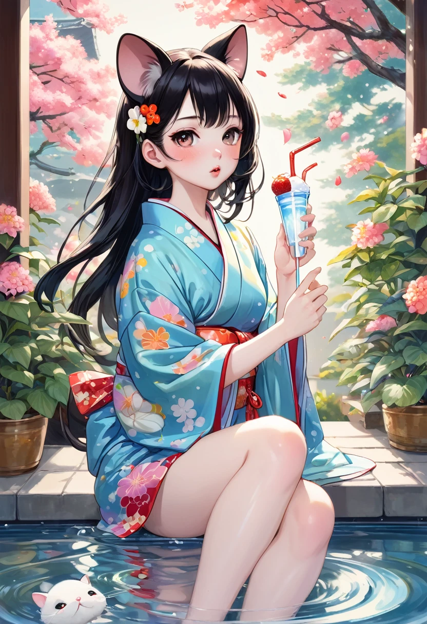 (Yumeji Takehisa style:1.2) , Hallucination, daydream , nightmare , Insane Dream , bokeh , erotica , romance , realistic mouse nymph and realistic cat , yukata , Petals fluttering down , Single eyelids, round nose, swollen cheeks , glossy lips , licking popsicle , Collarbone , Disheveled Hair , (Water up to the ankle:0.85) , Scorching Heat summer , Roll up the hem to expose your knees , A cool scene in the hot summer