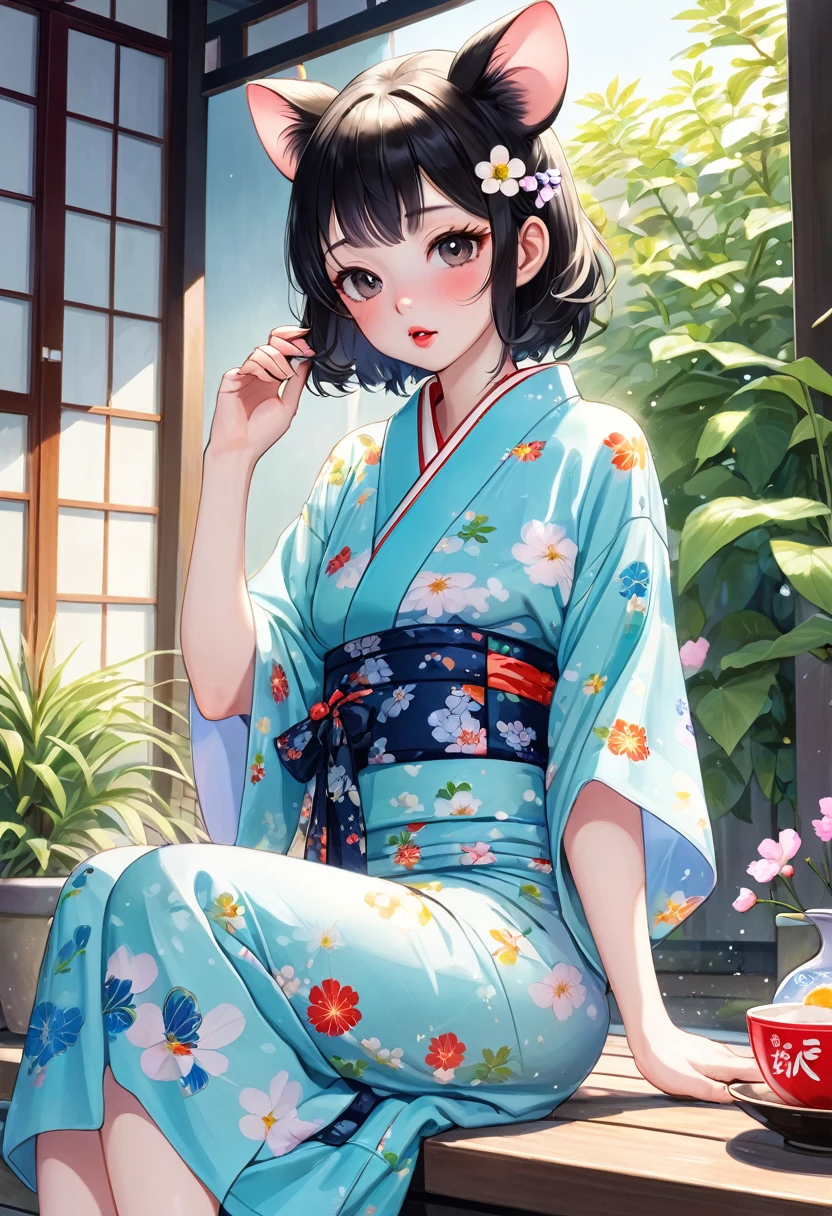 (Yumeji Takehisa style:1.2) , Hallucination, daydream , nightmare , Insane Dream , bokeh , erotica , romance , realistic mouse nymph and realistic cat , yukata , Petals fluttering down , Single eyelids, round nose, swollen cheeks , glossy lips , licking popsicle , Collarbone , Disheveled Hair , (Water up to the ankle:0.85) , Scorching Heat summer , Roll up the hem to expose your knees , A cool scene in the hot summer