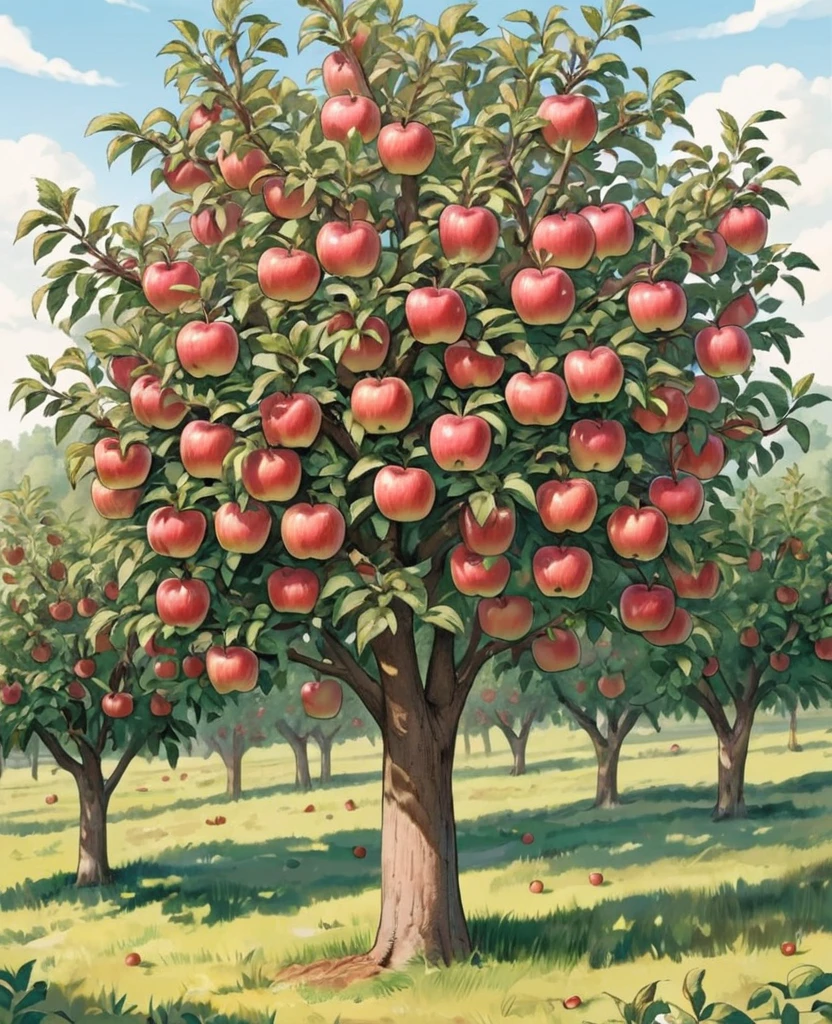 Draw a big apple tree full of juicy apples ready to be picked.