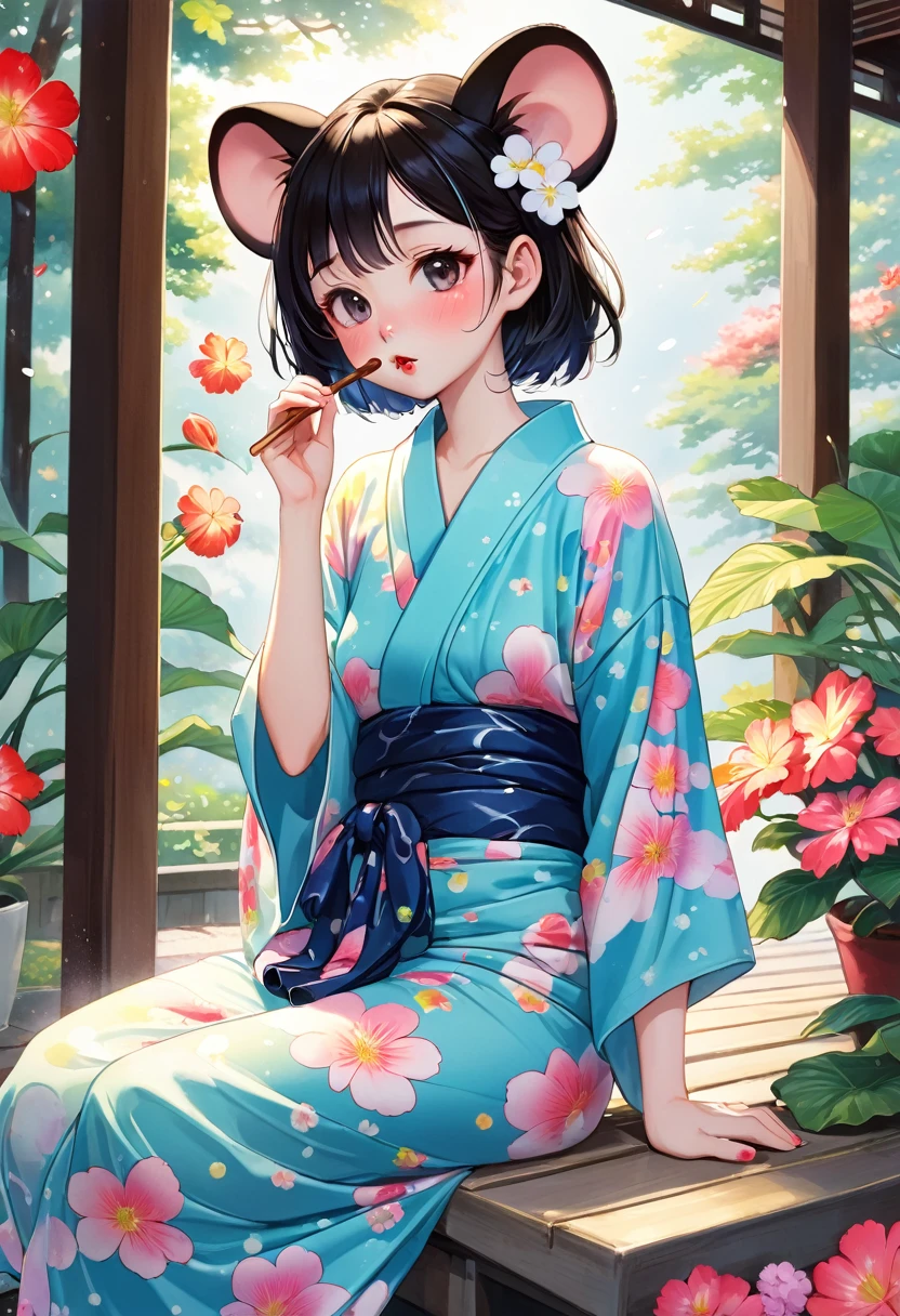 (Yumeji Takehisa style:1.2) , Hallucination, daydream , nightmare , Insane Dream , bokeh , erotica , romance , realistic mouse nymph and realistic cat , yukata , Petals fluttering down , Single eyelids, round nose, swollen cheeks , glossy lips , licking popsicle , Collarbone , Disheveled Hair , (Water up to the ankle:0.85) , Scorching Heat summer , Roll up the hem to expose your knees , A cool scene in the hot summer