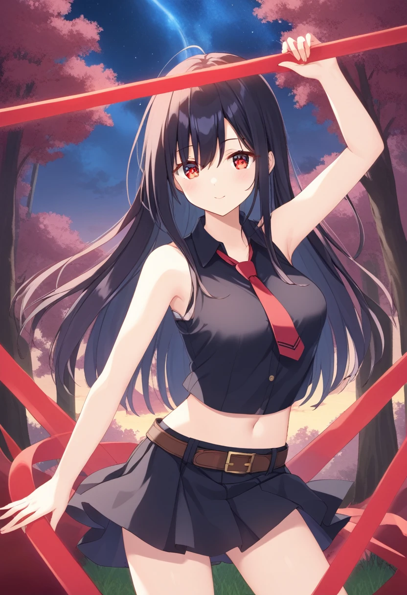 agkakame, akame, long hair, black hair, (red eyes:1.3), hair between eyes,
BREAK skirt, dress, necktie, sleeveless, belt, shirt, black shirt, collared shirt, red necktie, black skirt,
BREAK outdoors, forest, nature, trees, grass, sky, clouds, night sky, night,
BREAK looking at viewer, (cowboy shot:1.5), armpits, open shirt, open clothes, breasts, nsfw:1.5, navel, crop top
BREAK (masterpiece:1.2), best quality, high resolution, unity 8k wallpaper, (illustration:0.8), (beautiful detailed eyes:1.6), extremely detailed face, perfect lighting, extremely detailed CG, (perfect hands, perfect anatomy),