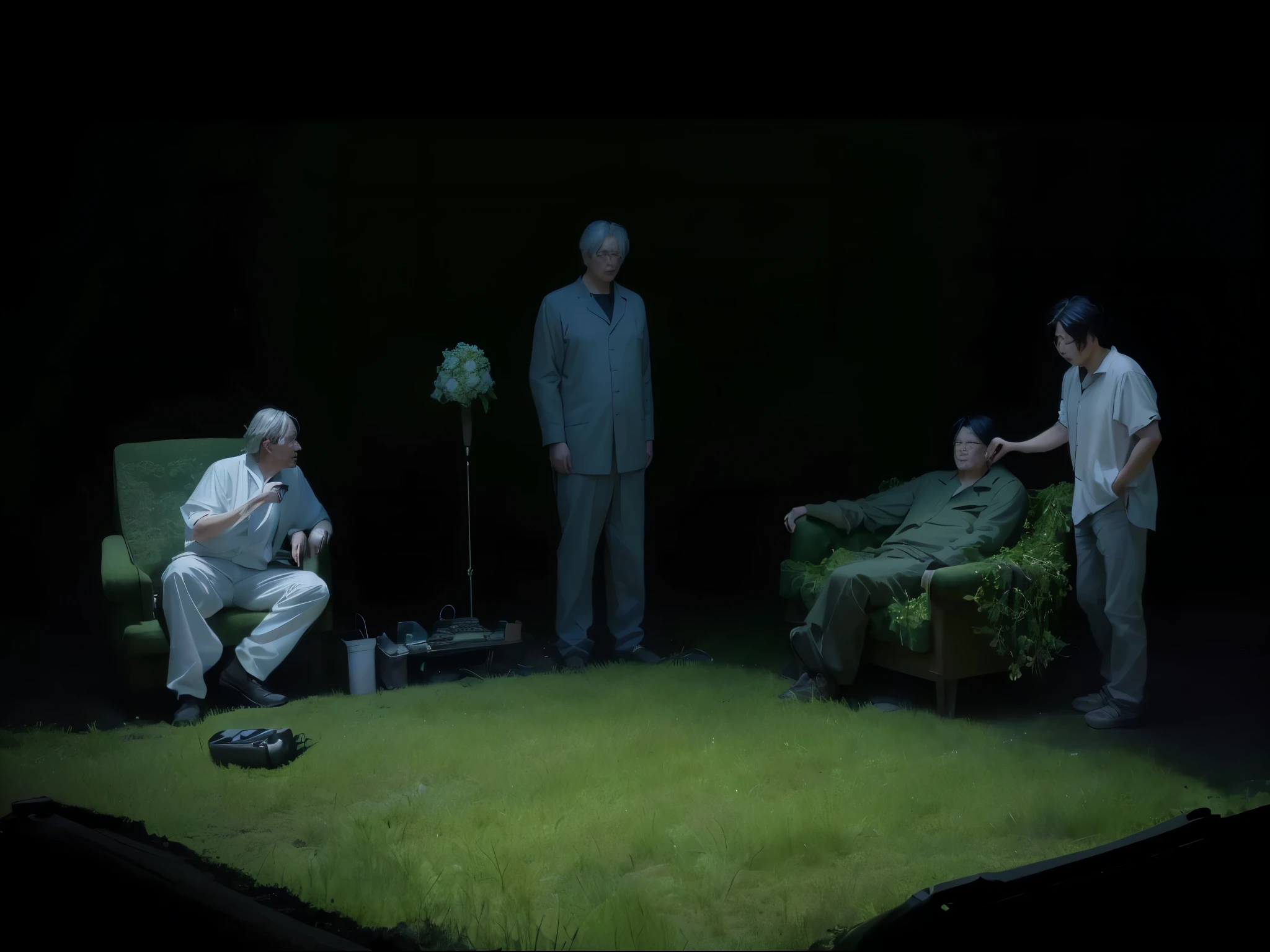 舞台概念Scenes图,Ultra Detailed、high quality、Deep shaping of grass、Three men sitting on a straw-covered chair in a dark room, Scenes, Animation stills, 昏暗的Scenes, point-and-click adventure game, 以游戏Concept Art形式进行绘制, Concept Art, Gregory Crewdson (Gregory Crewdson) of inspiration, Cutscenes