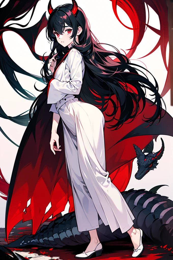 full body image of BOY with black horns black hair, eye white, long hair in the back and short in the front, um pequeno rabo de reptil e eye white e roupas vermelhas, It has to be a boy