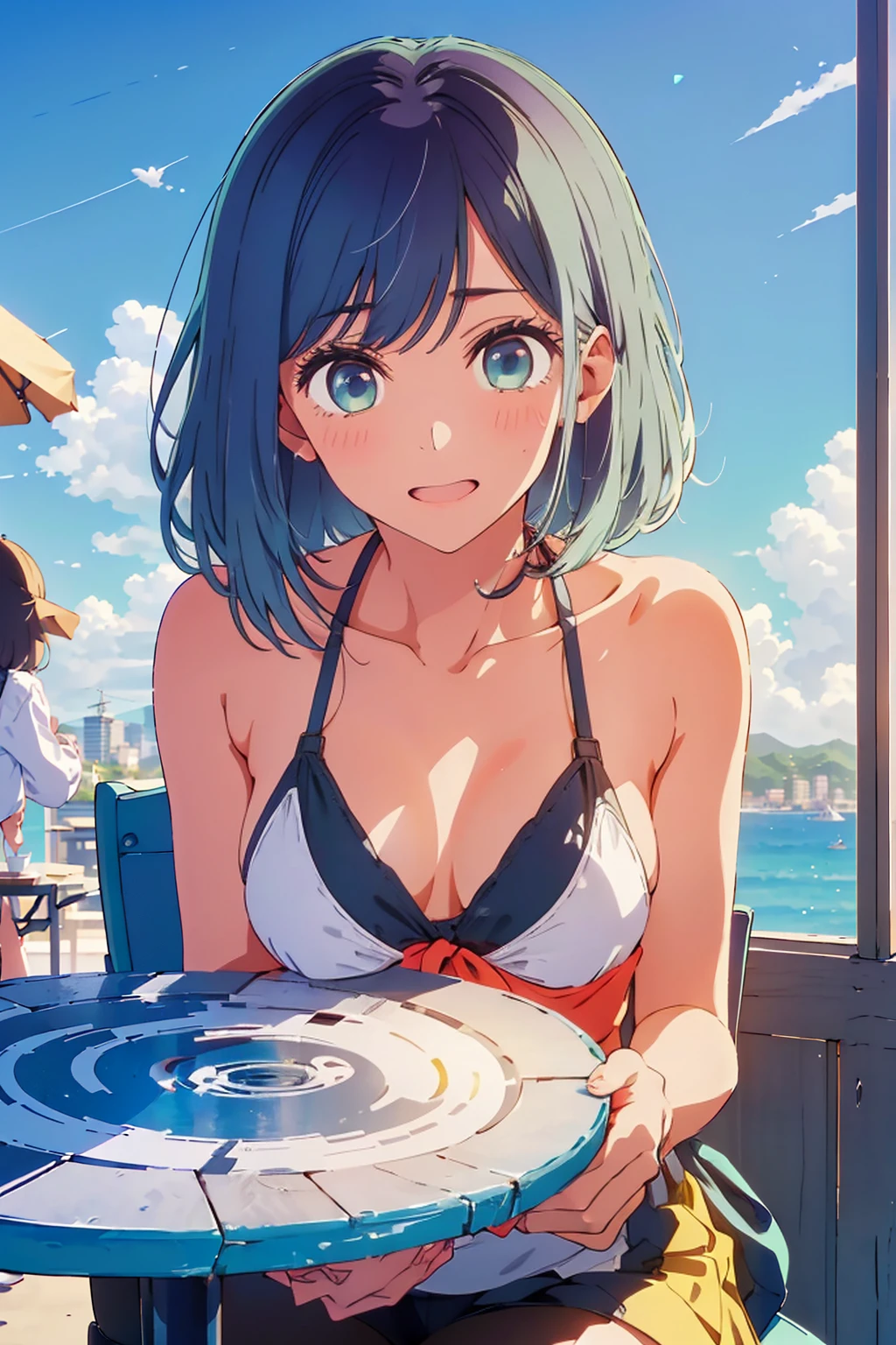 (Highest quality:1.4、8K:1.4、detailed)、F cup bust、Big Breasts、Slim body、Very white beautiful skin、((((1 person、Surprised expression、sit、Chair、In the background are the urban buildings of Tokyo、looking at the camera、Outdoor café terrace、coastal、Navy hair color、juice、White side string high leg bikini、Shooting up close、table、Very cute face))))、(Pose of putting hair behind ears with hands:1.4、Crossing your legs)、Very blue sky、A completely cloudless sky