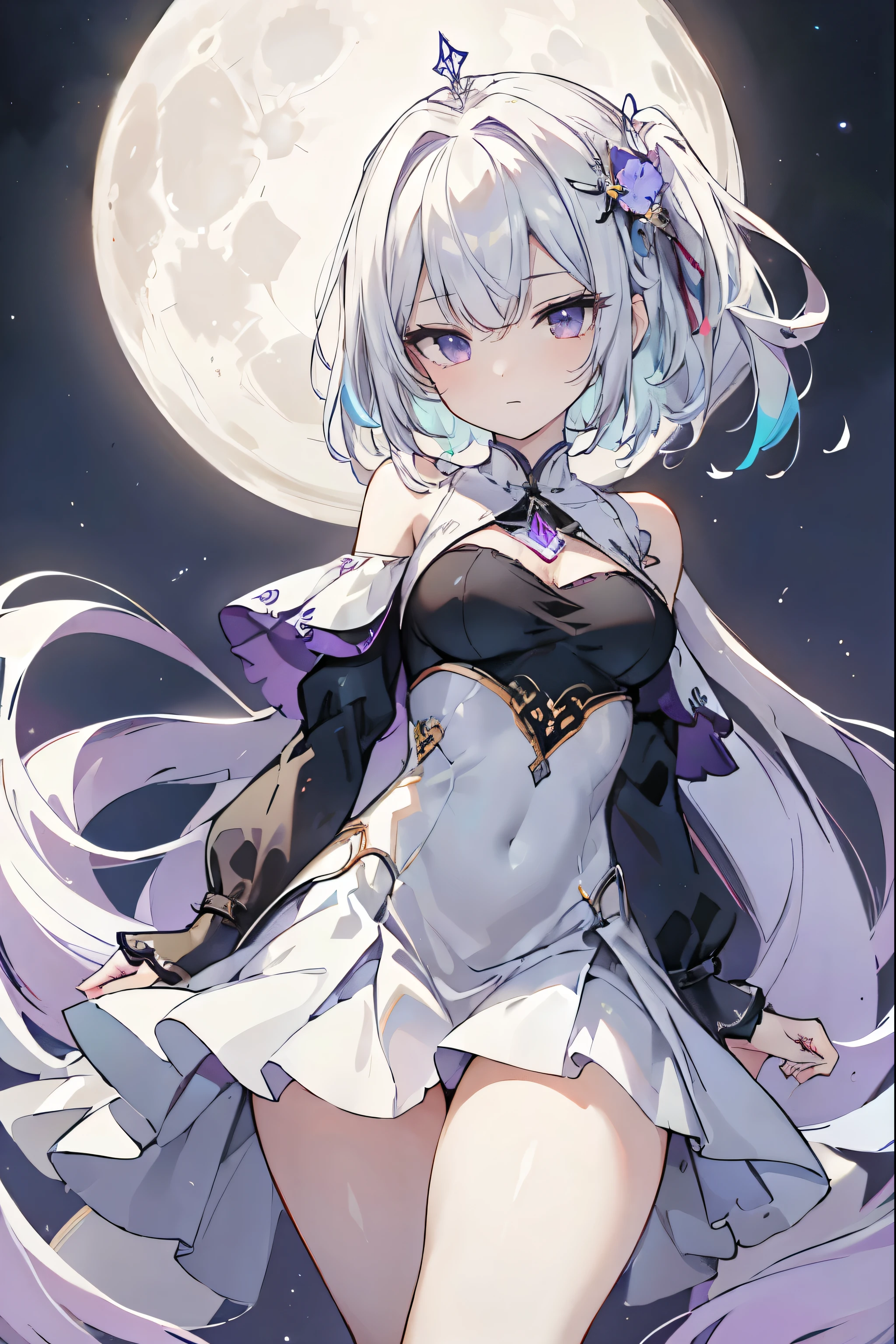 1girl, anime, cute girl, blank background, white background, fantasy, detailed fantasy dress with highlights, beautiful face, beautiful eyes, dark colors, black hair with multicolor streaks, red eye with different color pupil in eye, multicolor eye, medium breasts, slight cleavage, beautiful skin, cute, breast curtains, extremely delicate and beautiful, (beautiful detailed face:1.0), (detailed deep eyes), symmetrical breasts, deep eyes, shiny skin, portrait, slender waist, hips wider than shoulders, thighs, expressionless, young girl, luminous eyes, adorable,(Kpop idol),(aegyo sal:1),(Platinum blonde hair:1),((puffy eye)),Black panty,sexy posture,Superskirt, Ultra-high resolution,Black collar,slim figure, Abdominal y tattoo, womb tattoo,Tight-fitting leg ring,y tattoo on half-body,Bare skin, Armored hand,Hidden fingertips,Hand covered,Arm covered,Fist covered,{{beautiful detailed fingers}}, tufts of hair, moderate beautiful breast:1.0,(masterpiece:1.2), best quality, high-res, HDR, perfect face, intricate armor, delicate blue filigree, intricate filigree, red metalic parts, detailed part, dynamic pose, dynamic lights, cute face, neutral expression, shuimobysim, lotus, Hanfu, maxi skirt, dress conservatively 1girl, solo, long blue hair, standing, One lady,14years,((White hair) ,(Shiny purple bodysuit with microskirt),((Fantasy, Moon Night)), gradient_eyes,