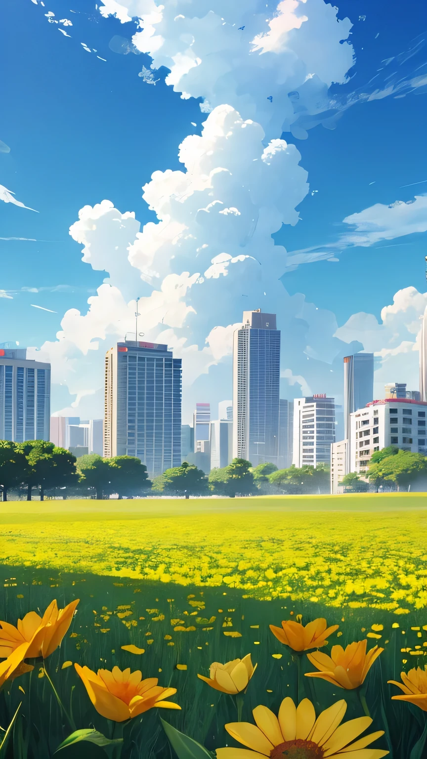Chinese solar term summer solstice has flowers, blue sky and white clouds HD wallpaper with high-rise buildings warm color HD wallpaper