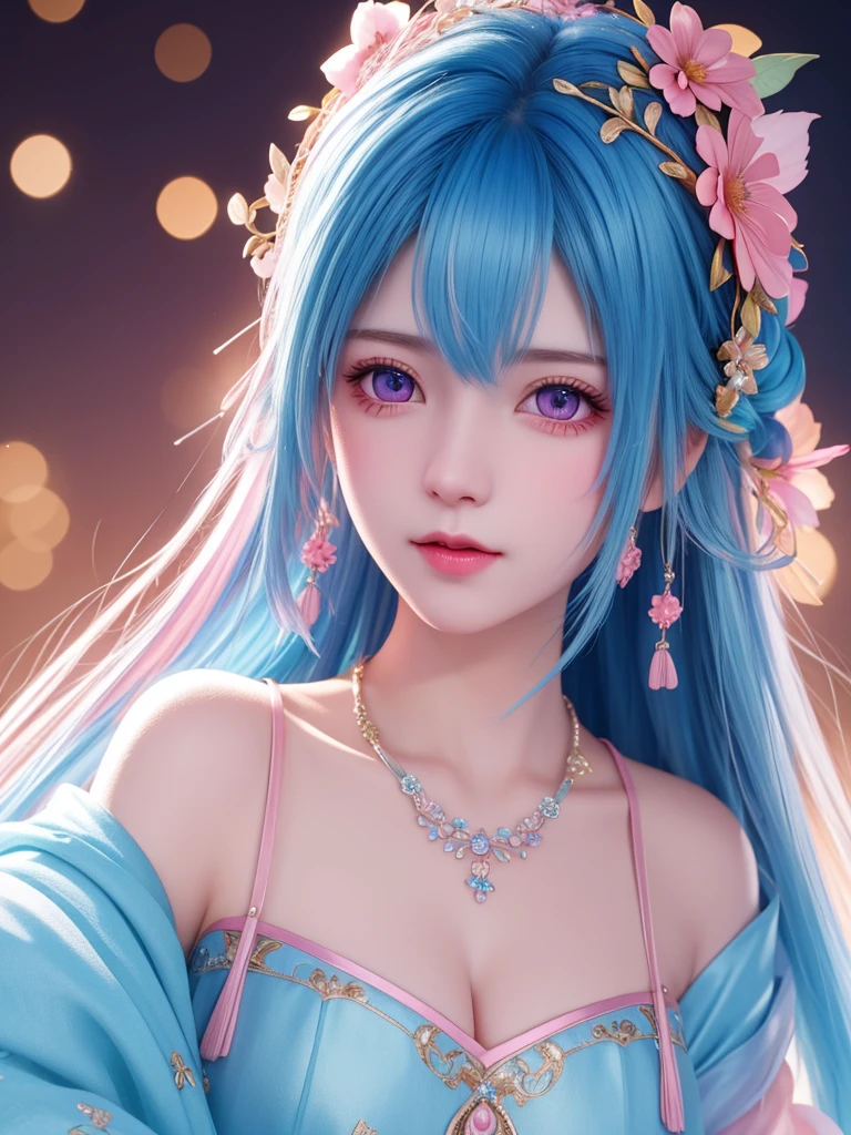 best quality, masterpiece, High target, There is a girl with a basket of flowers on her head, beautiful clothes, Hair Decorationss, necklace, Decorations, Pretty Face, When the body, Tyndall effect, Realistic Portraits, Edge lighting, Two-color light, (Very delicate skin:1.2), 8K uhd, Digital SLR Camera, Soft Light, high quality, Volumetric Lighting, Honest, photo, high resolution, 4K, 8K, Bokeh, Blue hair，pink hair tips, Pink Eyes.
