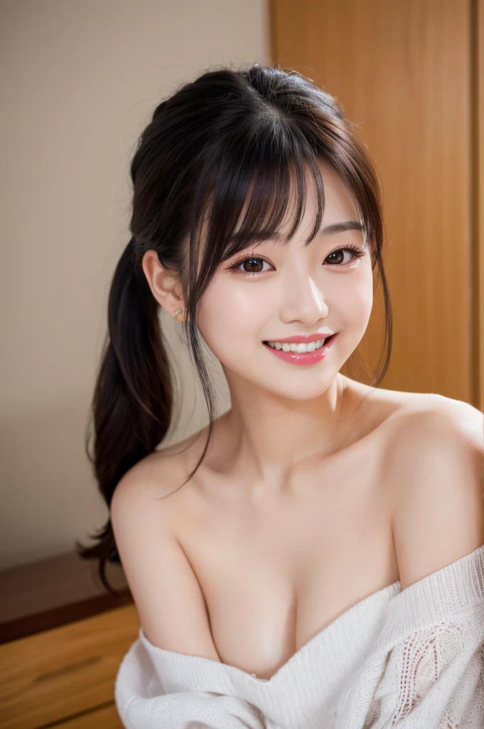 最high quality,Very detailed,finely,High resolution,8K壁紙,Perfect dynamic composition,Young Japanese Woman,Age 25, Black Hair, thin, 4K, 8K, high quality, beauty, smile, White teeth,Beautiful Eyes, Characterized by simplicity, High resolution,1 person,Japanese Idols,Large Breasts,ponytail,地雷make,Red cheeks,whole body,dresser,make,makeup,lipstick