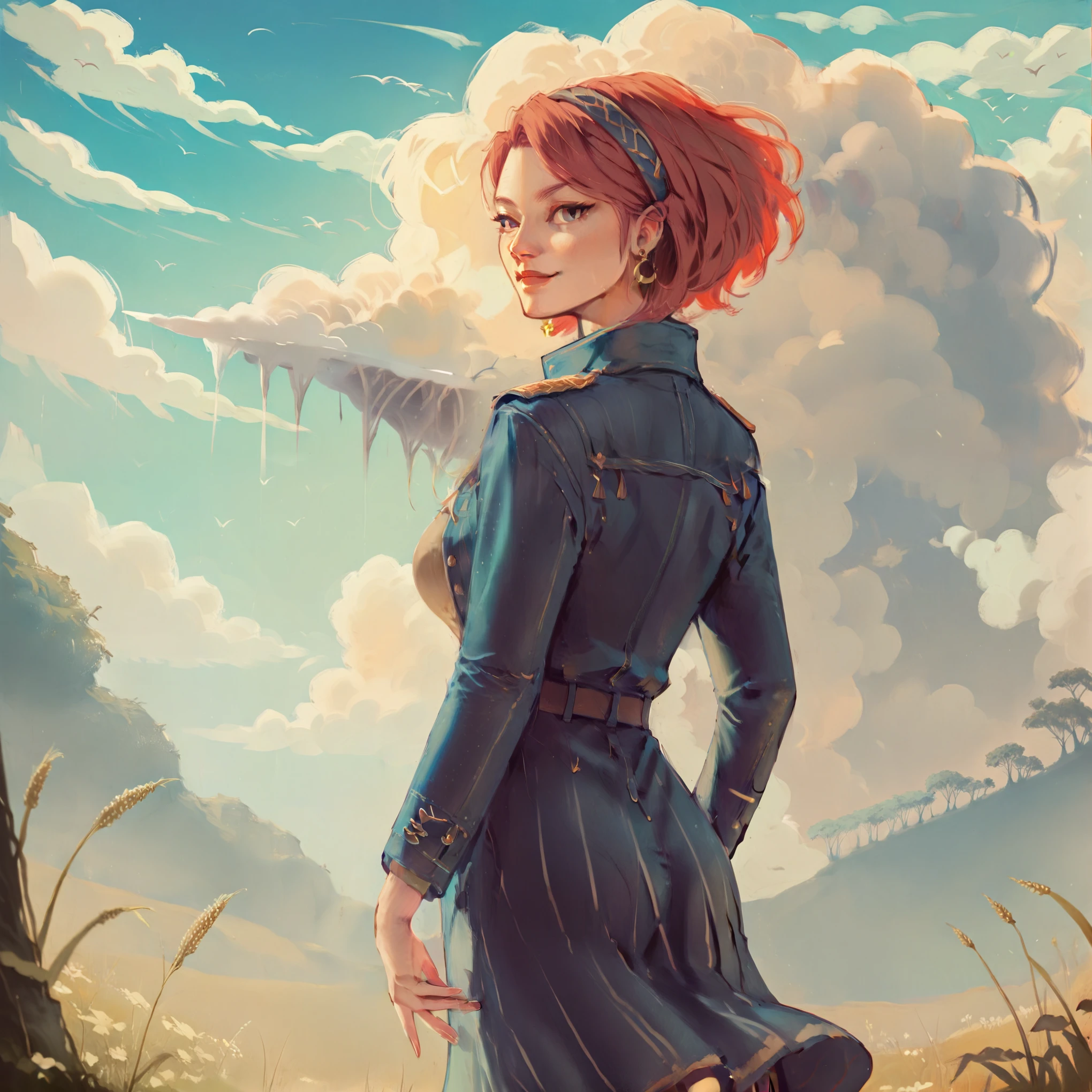 masterpiece, best quality, ultra detailed, beautiful illustration), (oil painting:1.4), atmospheric perspective, (fantasy atmosphere, elaborate atmosphere:1.4), depth of field, looking at viewer, beautiful detailed eyes, 1girl, (cowboy shot), sexy pose, dynamic angle, sexy smile, (huge breasts:1.2),(outdoors, grasslands:1.5, blue sky:1.5, clouds:1.5), cecilia_t, short hair, hairband, earrings, blue jacket, beige shirt, blue skirt, belt, vertical-striped pantyhose, boots,
