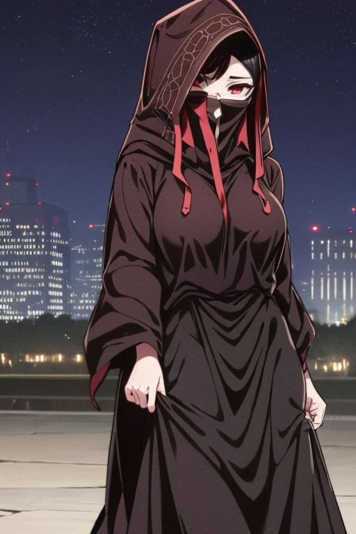 NNAssassinFSF, 1girl, solo, large breasts, black hair, red eyes, long sleeves, dress, hood, long skirt, black dress, black cloak, hood up, black robe, covered mouth, hooded cloak, ((masterpiece,best quality)) cowboy shot, city, park, night