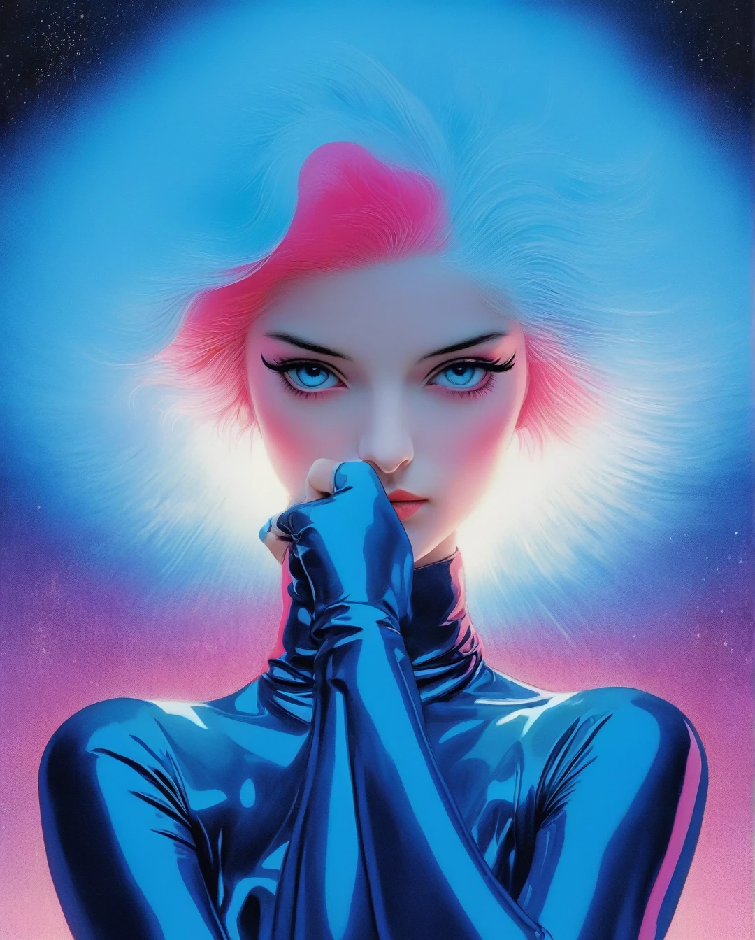 illustration, painting, 1970's sci-fi art, full length, wide shot, <lora:andorian_lora:0.8>, andorian, tarah, female, blue skin, antennae, (white hair:1.1), white fluffy eyebrows, (wearing red and black leather outfit), cleavage, (art by Peter Elson:1.2), floating in space, space background, swirling galaxy, highly detailed, 8k, centered subject, suzie plakson