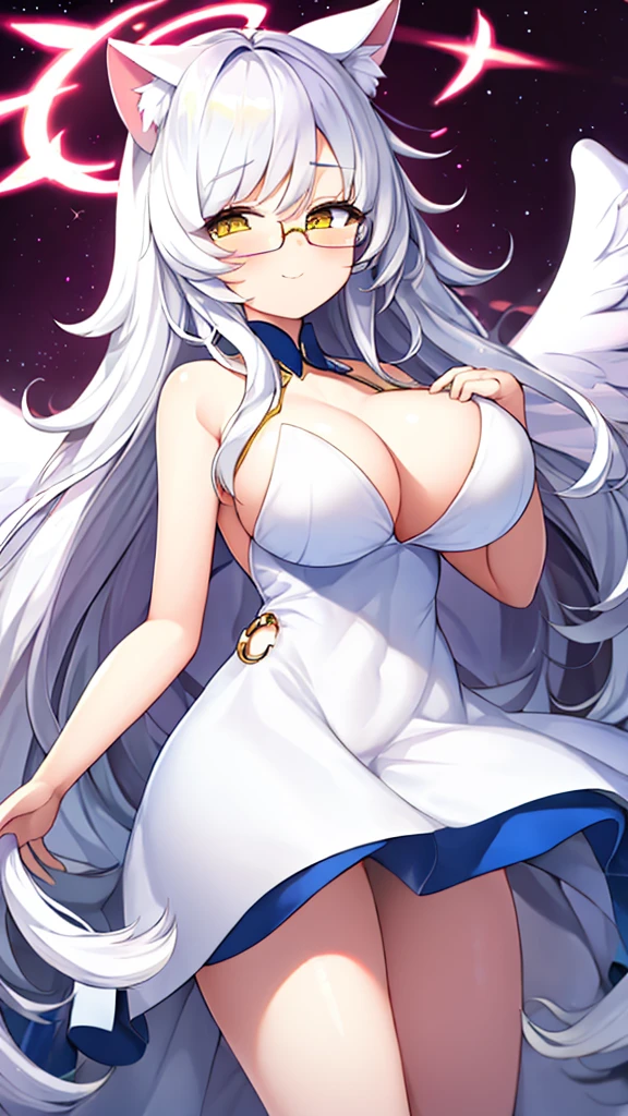 A 20-year-old female angel with long, white hair, yellow eyes, white cat ears, and large white angel wings. yellow halo ring round white glasses white dress suits 