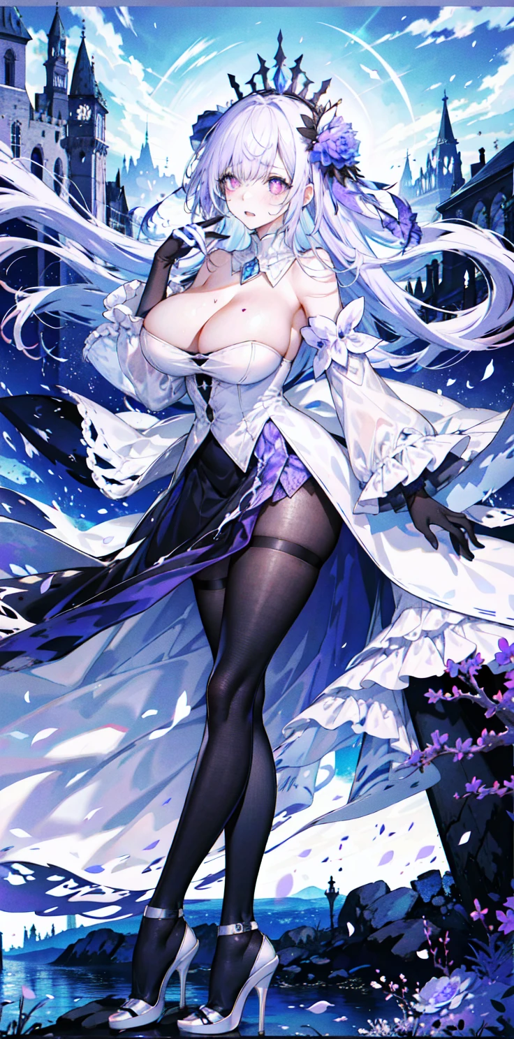 ((masterpiece:1.4,best quality)),(Super detailed),(Extremely detailed eyes),(Shiny socks:1.5),Hello Darkness
(Cute girls),,(Blood-red pupils,Diamond-shaped pupil:1.15),Purple Eyeshadow,(elongated hair,Thick hair,Single ponytail,shiny hair:1.5)(Changes through:1.2),despair,sad,Empty eyes,tears streaming down my face,tilting its head to the side,
(She wore a blue dress,:1.5),(Black gloves:1.4)Very long plush sleeves,White,White Cloud,Dream bubbles ,Ice and glitter effects
(Black long skirt:1.1),
((Starry Sky:1.2)),
(Intense black and white:1.16),(Depth of Field:1.4),,Intricate details,(((Detailed background,Castle in the Sky,Purple flowers by the lake))),(((Huge breasts,Bare breasts,Deep cleavage,White stiletto high heels)))