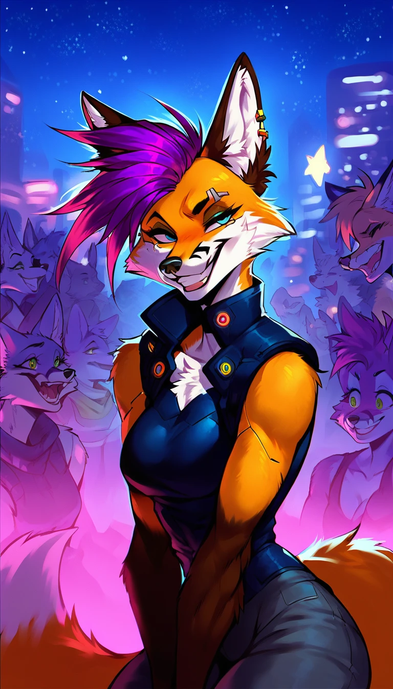 score_9, score_8_up, score_7_up, cyberpunk city, downtown ally, midnight, crowd on background, starry night, happy, joyful, ,
((fox:1.2), anthro, female, colorfull fur, short punk haircut, beautiful, wearing a cyberpunk-style augmentations, joyful, grin)