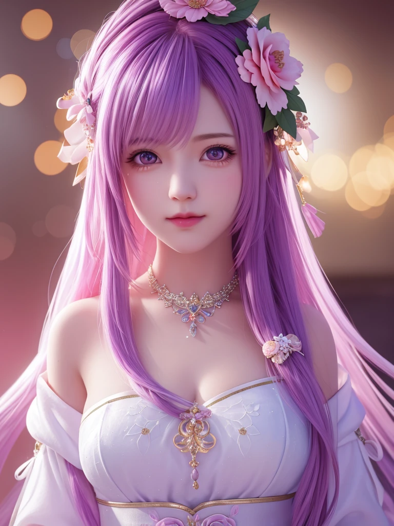 best quality, masterpiece, High target, There is a girl with a basket of flowers on her head, beautiful clothes, Hair Decorationss, necklace, Decorations, Pretty Face, When the body, Tyndall effect, Realistic Portraits, Edge lighting, Two-color light, (Very delicate skin:1.2), 8K uhd, Digital SLR Camera, Soft Light, high quality, Volumetric Lighting, Honest, photo, high resolution, 4K, 8K, Bokeh, Purple hair，pink hair tips, Pink Eyes.