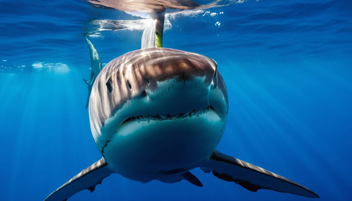 Photo of an apple:1 AND photo of a shark from the front, front view:0.8