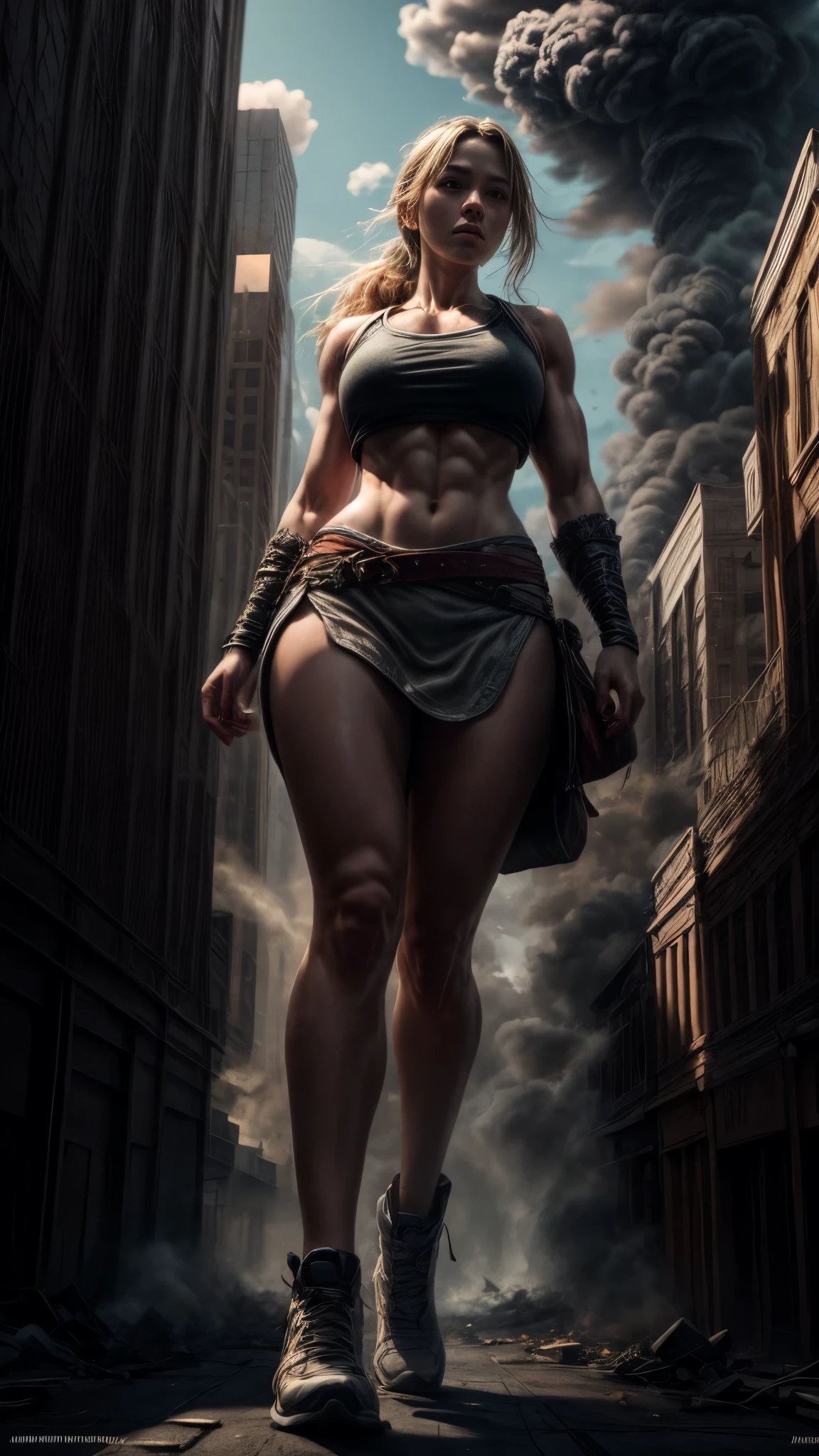 [documentary photo of "A towering blonde Giantess in a cool and laid-colorful hippie style is rocking a white crop top and baggy red skirt. (barely visible white panties). Her toned and athletic build hints at her massive strength. She seems to be casually strolling through the bustling cityscape of GTS City, as towering buildings loom overhead. Smoke and clouds roil around her, adding to the sense of epic scale and drama. The front lighting is dark, gloomy, and realistic, creating a tense and ominous atmosphere. The perspective is from below, emphasizing the sheer majesty and power of the Giantess.".], 
[8K, Best Quality, Masterpiece, Ultra High Resolution, (highly detailed CG unity 8k wallpaper), (best illustration), (best shadows), isometric 3D, octane rendering, ray tracing, highly detailed, (wide panoramic view: 1.1), (Best quality, 4K, 8 k, high resolution, masterpiece:1.2), absurdity, masterpiece, ultra detailed, (realistic, photorealistic, photorealistic:1.37), complex parts, HDR, (complex parts:1.12), (hyper detailed, hyper realistic, Soft lighting, spicy:1.2), beautiful figure, Magnificent Anatomy, (complex part, Hyper detailed:1.15). Blurred foreground., (Front lighting), realistic, masterpiece, high quality, brightness, chromatic aberration, by Jeremy Lipking, by Antonio J. Manzanedo, 8k uhd, smoke, shadows, contrast, clear sky, looking_at_viewer, (warm hue, warm tone), high details, natural skin pores]. 