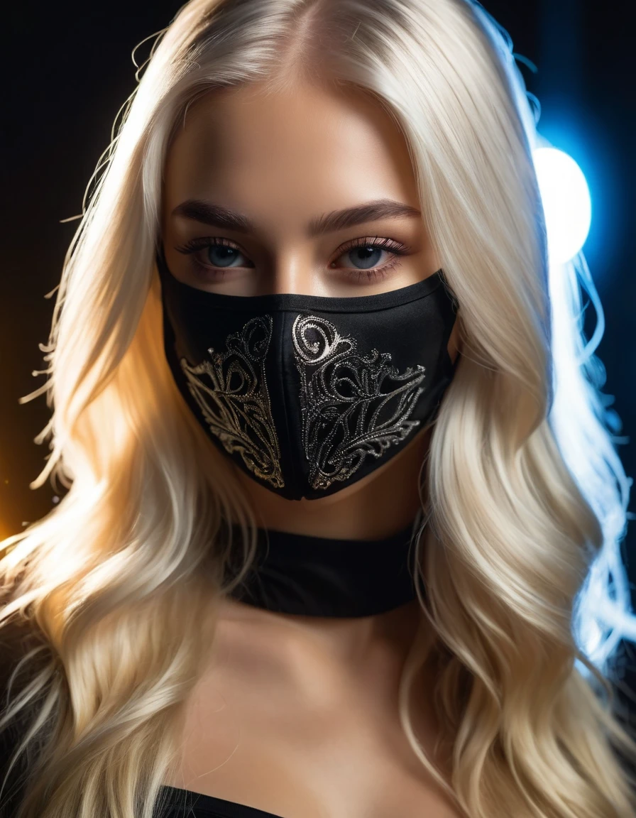 very attractive caucasian 25 year old girl with long platinum blonde hair, Person wearing a mask that covers only the left side of the face, with cinematic lights. very realistic