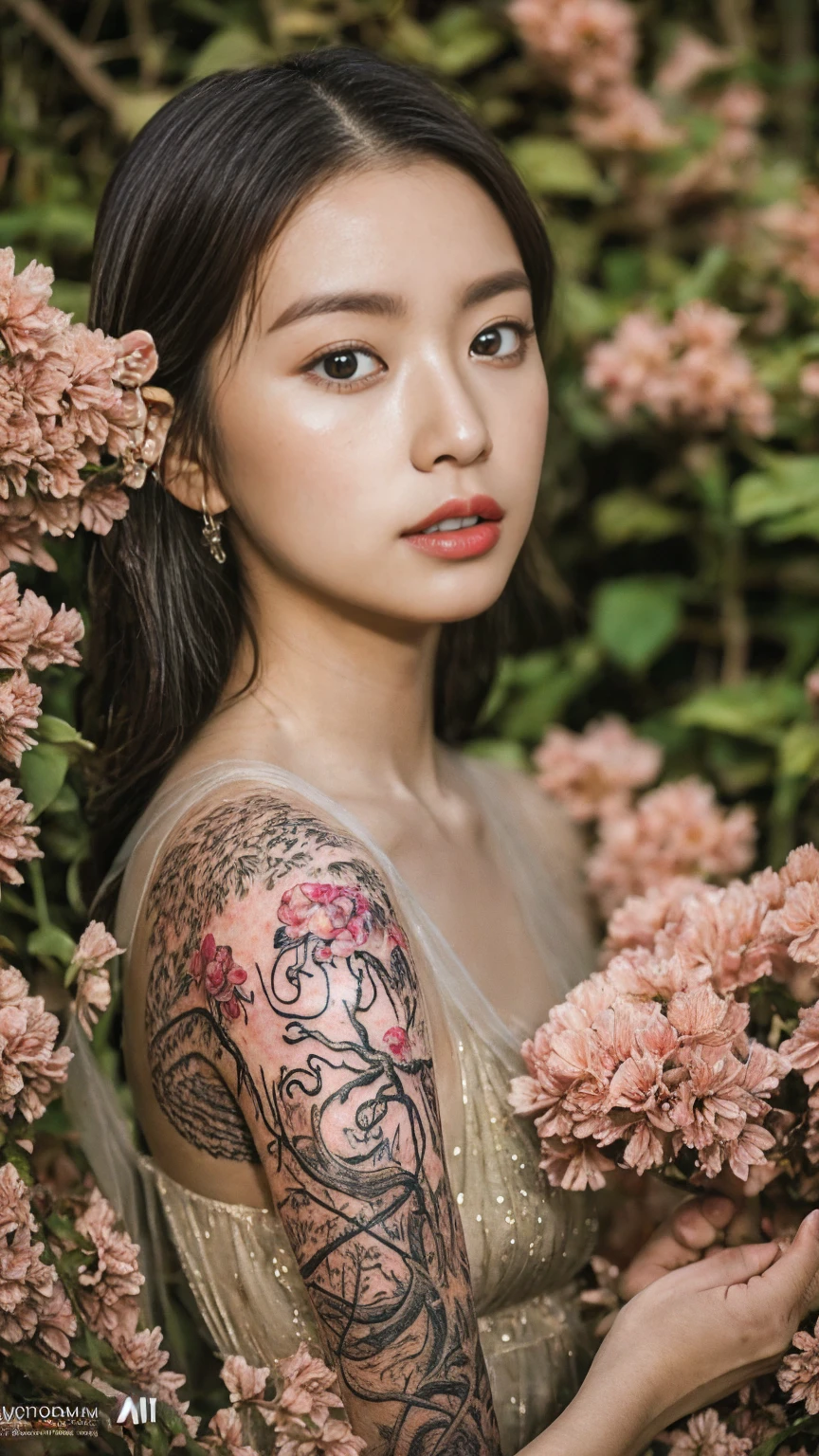 ((最high quality)), ((masterpiece)), ((Realistic)), RAW Photos, Surreal, Horror, nightmare, ((Beautiful and seductive woman photo，It is decorated with lots of flowers, There are lots of octopus tentacles around, Leaves and roots everywhere + Tattoo)), ((Pink misty jungle and octopus tentacles background)) , (Highly detailed skin), 8K Ultra HD, Digital SLR, Soft lighting, high quality, Film Grain, Fujifilm XT38k, 4x Super Sharp, Perfect Face, Perfect Eyes, Perfect hands, High resolution, Hyper HD, Surreal, fashion,  Ultra-realistic, 超Realistic, Realistic skin with freckles, Global Illumination + Caustics + Cinematography + photo shoot：Ants + Degree freedom + Depth of written boundary, Degree , Tilt Blur, Photo taken with Canon, Photo taken by Fuji, Photo taken with Kodak + 信じられないほどdetailed, detailed + Professional Lighting, Cinema Lighting + 35mm + Transform + Lightroom + Cinematography + Art Station