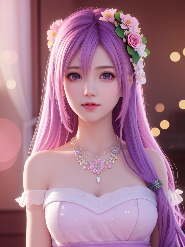 best quality, masterpiece, High target, 1 Girl, nude, Hair Decorationss, necklace, Decorations, Pretty Face, When the body, Tyndall effect, Realistic Portraits, Dark Studio, Edge lighting, Two-color light, (Very delicate skin:1.2), 8K uhd, Digital SLR Camera, Soft Light, high quality, Volumetric Lighting, Honest, photo, high resolution, 4K, 8K, Bokeh, Purple hair,pink hair tips, Pink Eyes.