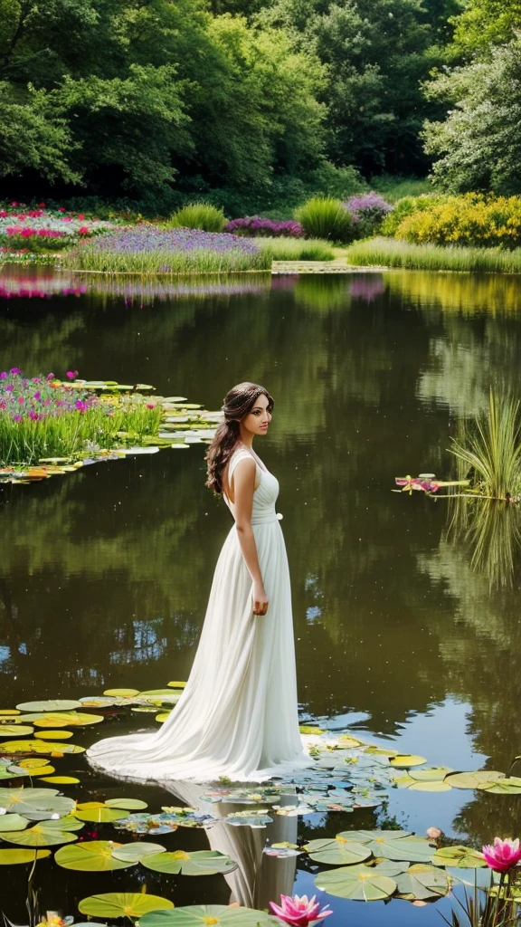 **Prompt for a Realistic Image: Beautiful American Lady in a Pond with Flowers**
Create an ultra-realistic, high-resolution image of a very beautiful American lady standing gracefully in a serene pond. The scene is artistically illustrated to highlight both the natural beauty of the surroundings and the elegance of the woman.
The scene includes:
- **The lady**: She has long, flowing hair cascading down her back, with soft waves catching the gentle light. She wears a delicate, flowing dress that clings to her form, slightly wet from the pond, accentuating her graceful posture. Her expression is serene and reflective, with a gentle smile playing on her lips.
- **The pond**: Crystal-clear water with a mirror-like surface, reflecting the lady and the surrounding flora. The water is shallow, gently rippling around her feet.
- **Flowers**: A variety of vibrant flowers bloom near the pond's edge and some float delicately on the water’s surface. Lilies, lotus flowers, and colorful wildflowers create a lush, enchanting atmosphere.
- **Background**: Lush greenery surrounds the pond, with tall trees whose branches form a natural canopy. Sunlight filters through the leaves, casting dappled light and creating a magical, ethereal glow.
- **Additional elements**: Delicate dragonflies and butterflies flit around, adding a touch of whimsy. Soft petals occasionally fall from the flowers, drifting gently in the air.
The overall composition exudes a sense of tranquility, natural beauty, and elegance, capturing the harmonious connection between the lady and her serene, flower-filled environment.