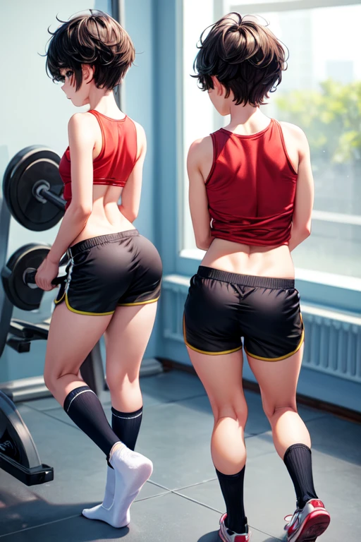 Femboy, cute, flat, curvy, gym shorts, t-shirt, socks, boy, short hair, boy haircut, thighs, 1boy, sexy pose, back view