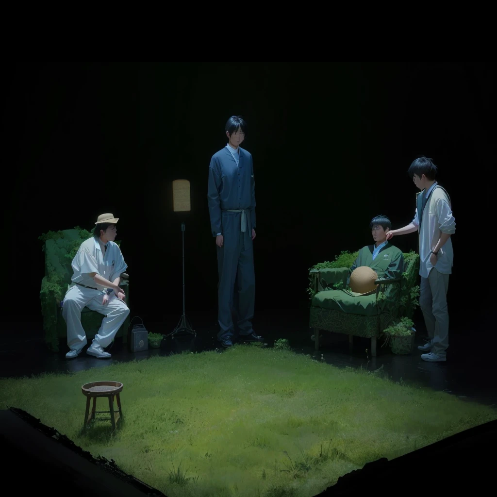 舞台概念Scenes图,The stage atmosphere is relaxed and cheerful,Bright stage lighting,Ultra Detailed、high quality、Deep shaping of grass、Three men sitting on a straw-covered chair in a dark room, Scenes, Animation stills, 昏暗的Scenes, point-and-click adventure game, 以舞台Concept Art形式进行绘制, Concept Art