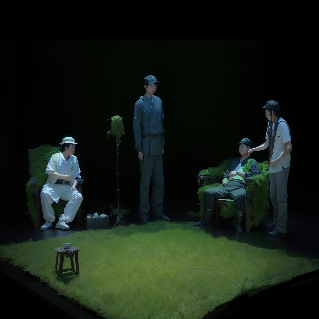 舞台概念Scenes图，The stage atmosphere is relaxed and cheerful，Bright stage lighting，Ultra Detailed、high quality、Deep shaping of grass、Three men sitting on a straw-covered chair in a dark room, Scenes, Animation stills, 昏暗的Scenes, point-and-click adventure game, 以舞台Concept Art形式进行绘制, Concept Art