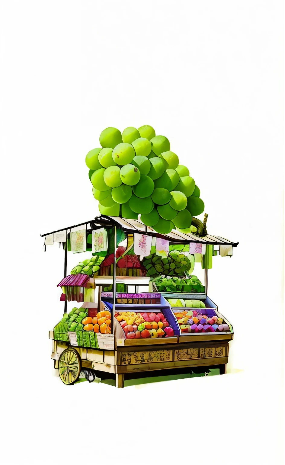 Many different types of fruits and vegetables on display, Colorful fruit stall, Amazing food illustrations, Traditional Japanese concept art, Very detailed numbers, The numbers are very detailed, Highly detailed numbers, Colorful market stalls, highly realistic concept art, Japanese Market, Concept art is very detailed, Highly detailed concept art, Anime Landscape Concept Art, Ultra-detailed concept art,sunny weather, strong contrast, Soft light backgrounds, Golden Ratio composition, There is a huge bunch of green grapes on the fruit stand
