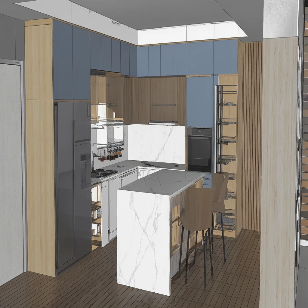 a rendering of&#39;a kitchen with a bar and a refrigerator, 3D rendering, 3D rendering, comprehensive 2D rendering, 3D rendering détaillé et net, orthographic 3D rendering, 3D rendering très détaillé, 3D rendering très détaillé, Detailed rendering, 3D rendering très détaillé, 3/4 realistic views, 3D renderings, Detailed renderings, 2D rendering