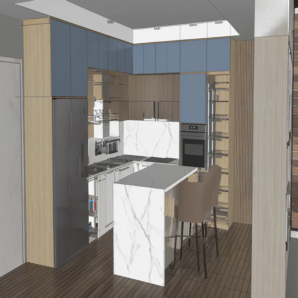 a rendering of'a kitchen with a bar and a refrigerator, 3D rendering, 3D rendering, comprehensive 2D rendering, 3D rendering détaillé et net, orthographic 3D rendering, 3D rendering très détaillé, 3D rendering très détaillé, Detailed rendering, 3D rendering très détaillé, 3/4 realistic views, 3D renderings, Detailed renderings, 2D rendering