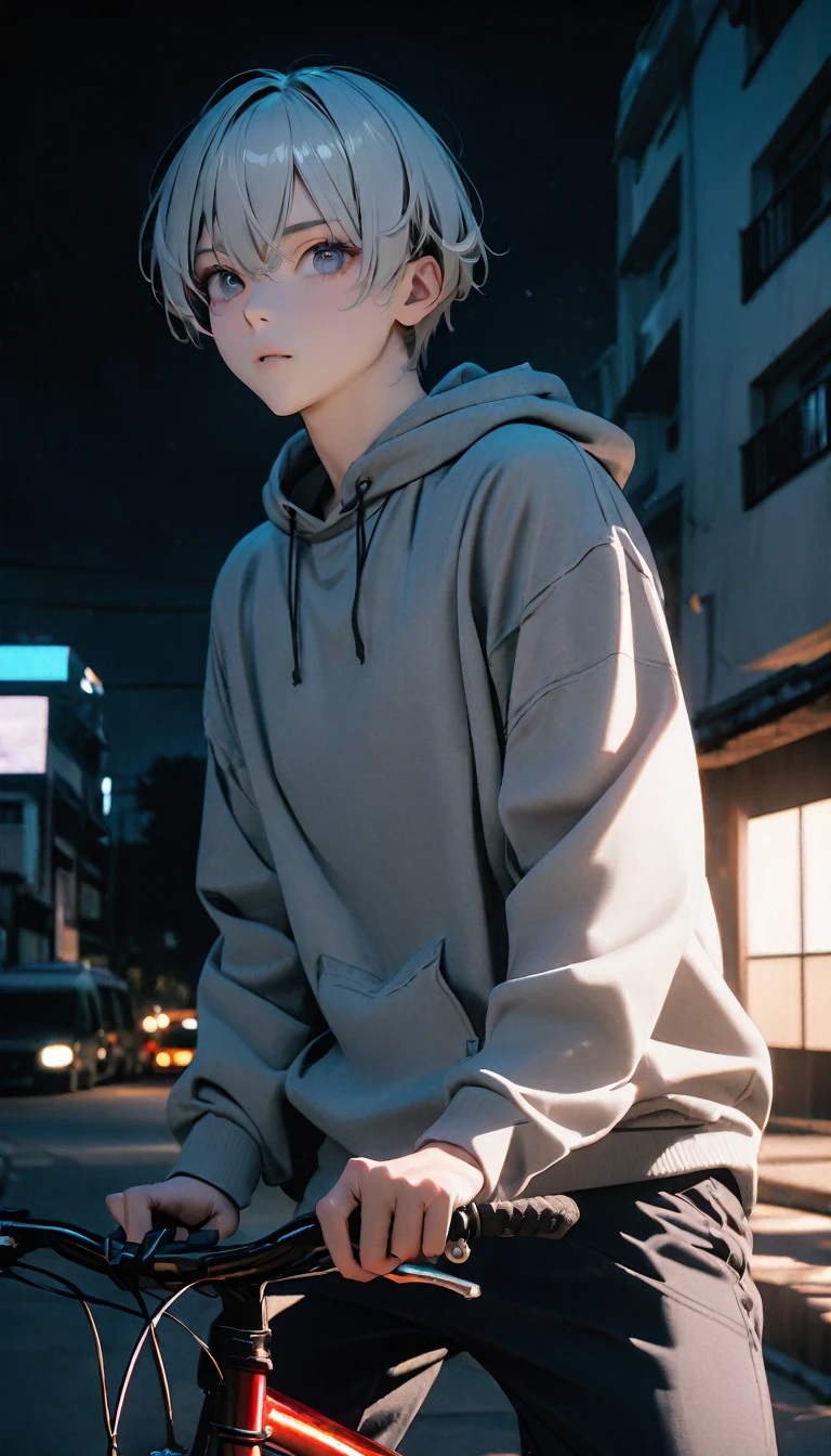 (8K, RAW photos, best quality, masterpiece: 1.4), (((Boy on bike))),Ultra-high resolution, Extremely detailed, light, closeup of arms, handsome boy, black eyes, (delicate eyes, Eyes are bright:1.2), Gray short hair, Fair skin,dark, Grey sweatshirt, sweatshirt with hood,(perfect anatomy:1.2), High-quality shadows, Natural Lighting, (White highlights:1.2), night, cloudy day, (Four-story residential building:1.2)