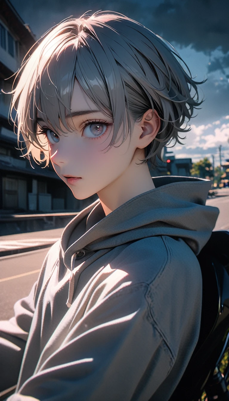 (8K, RAW photos, best quality, masterpiece: 1.4), (((Boy on bike)))，Ultra-high resolution, Extremely detailed, light, closeup of arms, handsome boy, black eyes, (delicate eyes, Eyes are bright:1.2), Gray short hair, Fair skin,dark, Grey sweatshirt, sweatshirt with hood,(perfect anatomy:1.2), High-quality shadows, Natural Lighting, (White highlights:1.2), night, cloudy day, (Four-story residential building:1.2)