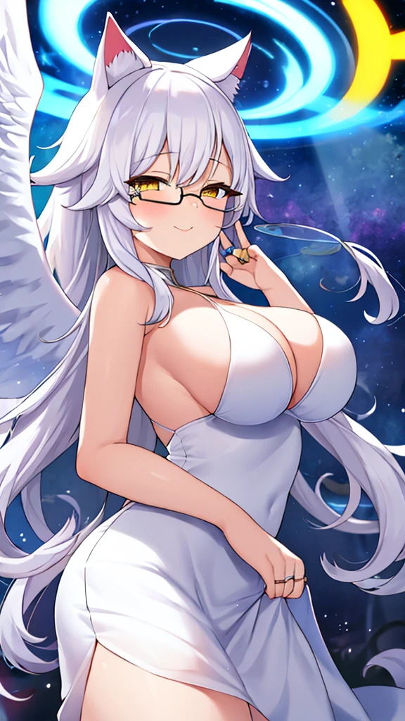 A 20-year-old female angel with long, white hair, yellow eyes, white cat ears, and large white angel wings. yellow halo ring round white glasses long white evening dress