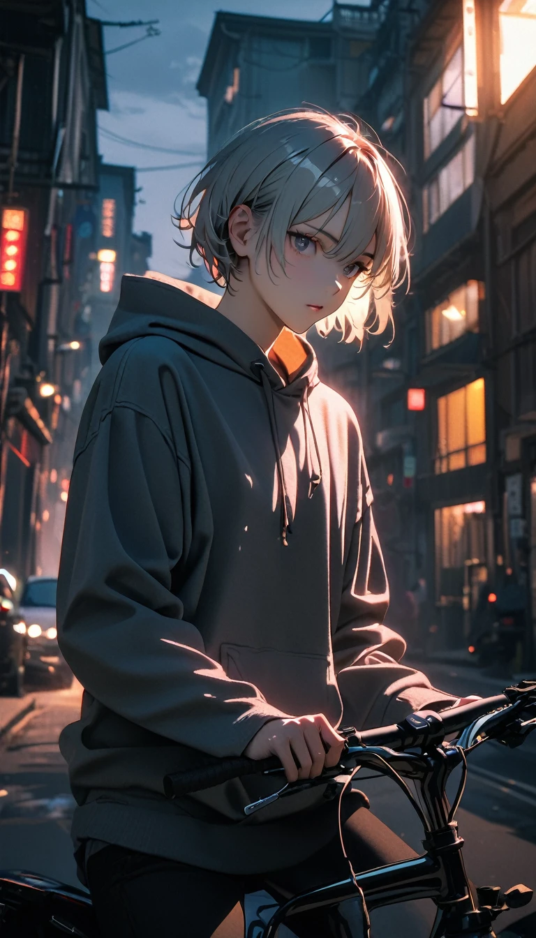 (8K, RAW photos, best quality, masterpiece: 1.4), (((Boy on bike))),Ultra-high resolution, Extremely detailed, light, closeup of arms, handsome boy, black eyes, (delicate eyes, Eyes are bright:1.2), Gray short hair, Fair skin,dark, Grey sweatshirt, sweatshirt with hood,(perfect anatomy:1.2), High-quality shadows, Natural Lighting, (White highlights:1.2), night, cloudy day, (Four-story residential building:1.2)