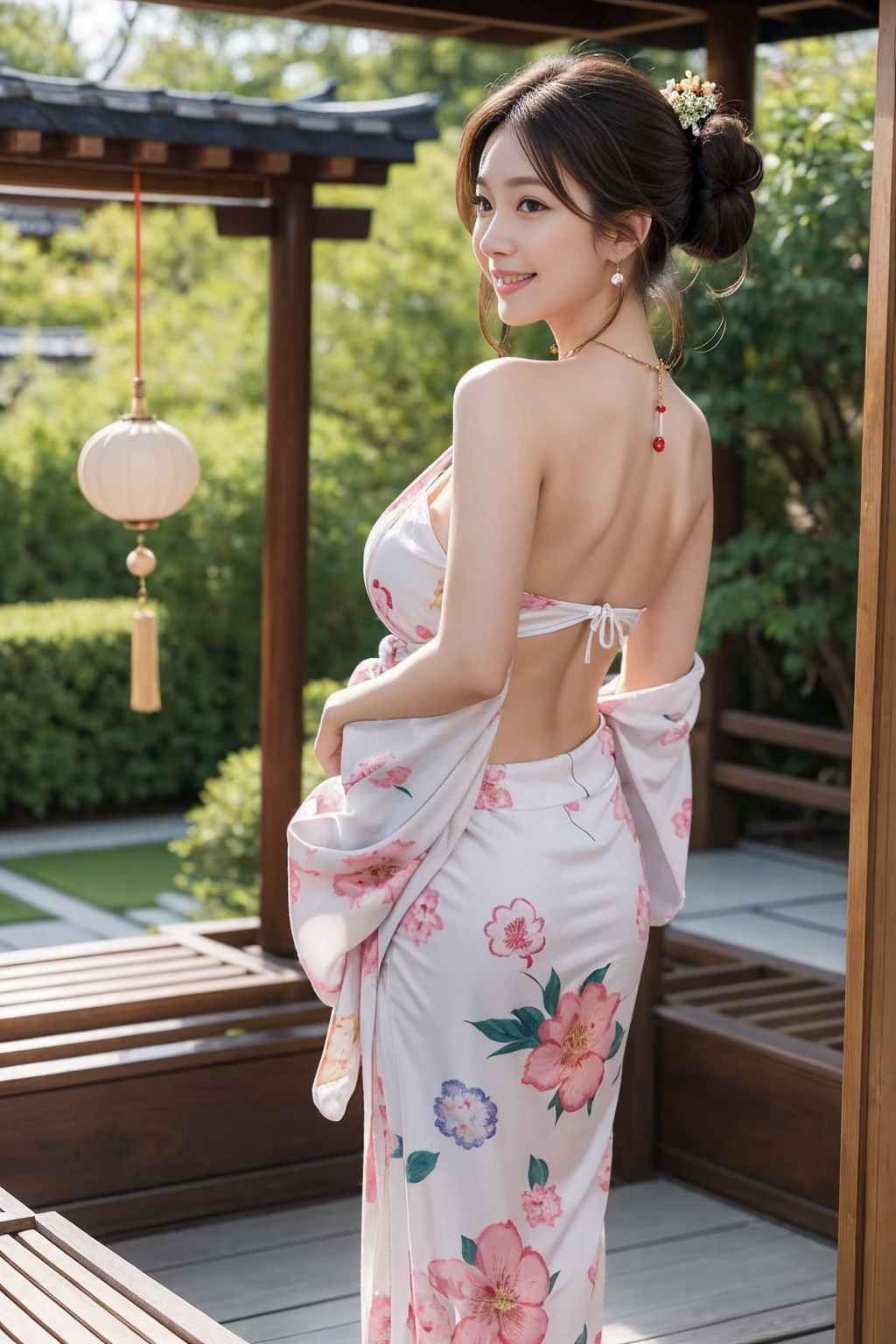 Highest quality,8K, Detailed facial depiction, Detailed description of the eyes,One Woman, Light brown hair(Medium-long hair),Hair tied up,Beautiful Japanese Girl,24-years-old,Cute eyes,Cute Smile,Yukata beauty,Golden floral yukata,In underwear,String panties,Slender body, Large, plump breast size, Long and beautiful legs,Smiling, Colorful earrings,necklace,Are standing,Beautiful nape,Japan tatami room,Feminine gestures,Dry landscape garden,wind chimes,Beautiful back view,Her yukata is open, revealing her beautiful shoulders.,Beautiful woman looking back