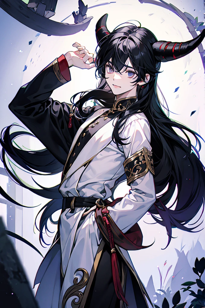 Boy with black horns black hair, eye white, long hair in the back and short in the front with long clothes